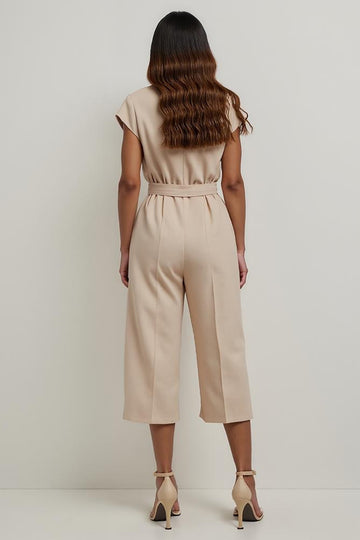 Khaki Notched Lapel Work Jumpsuits with Sleeves